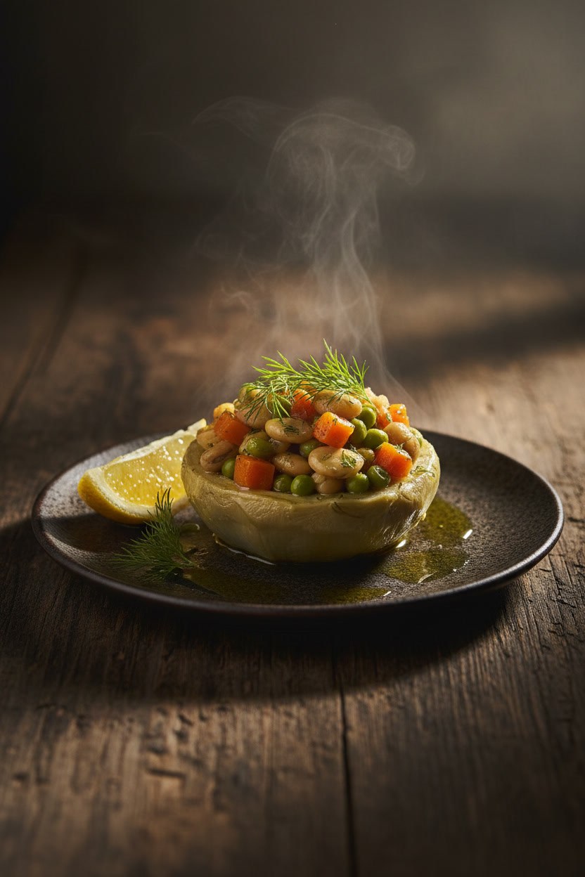 Limon ve dereotuyla servis edilen zeytinyağlı enginar tabağı, üzerinde ince zeytinyağı parlaklığı