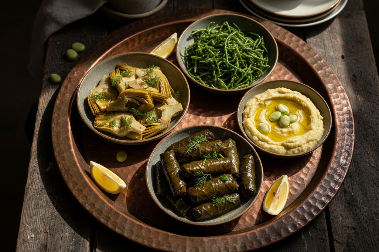 Bakır tepside zeytinyağlı enginar, deniz börülcesi ve sarma dizili günlük meze sofrası